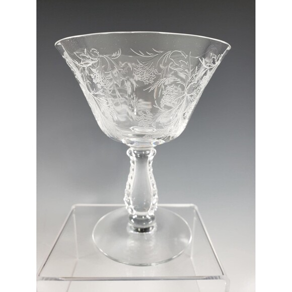 Heather Etch Glasses Set of 2 Iced Tea & Champagne Glass Footed Fostoria 1950s - Picture 16 of 16